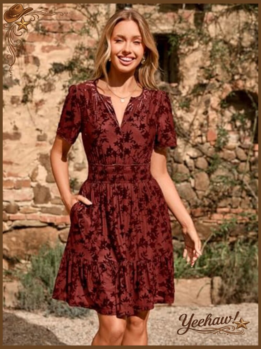 Velvet Mini Dress with Pockets V-Neck Empire Waist Short Sleeve - Picture 3 of 7